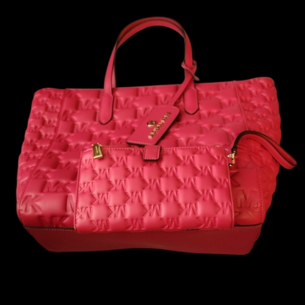 Michael Kors Pinkish Red Quilted Tote and Wallet Set☆ Sold As Set☆FIRM